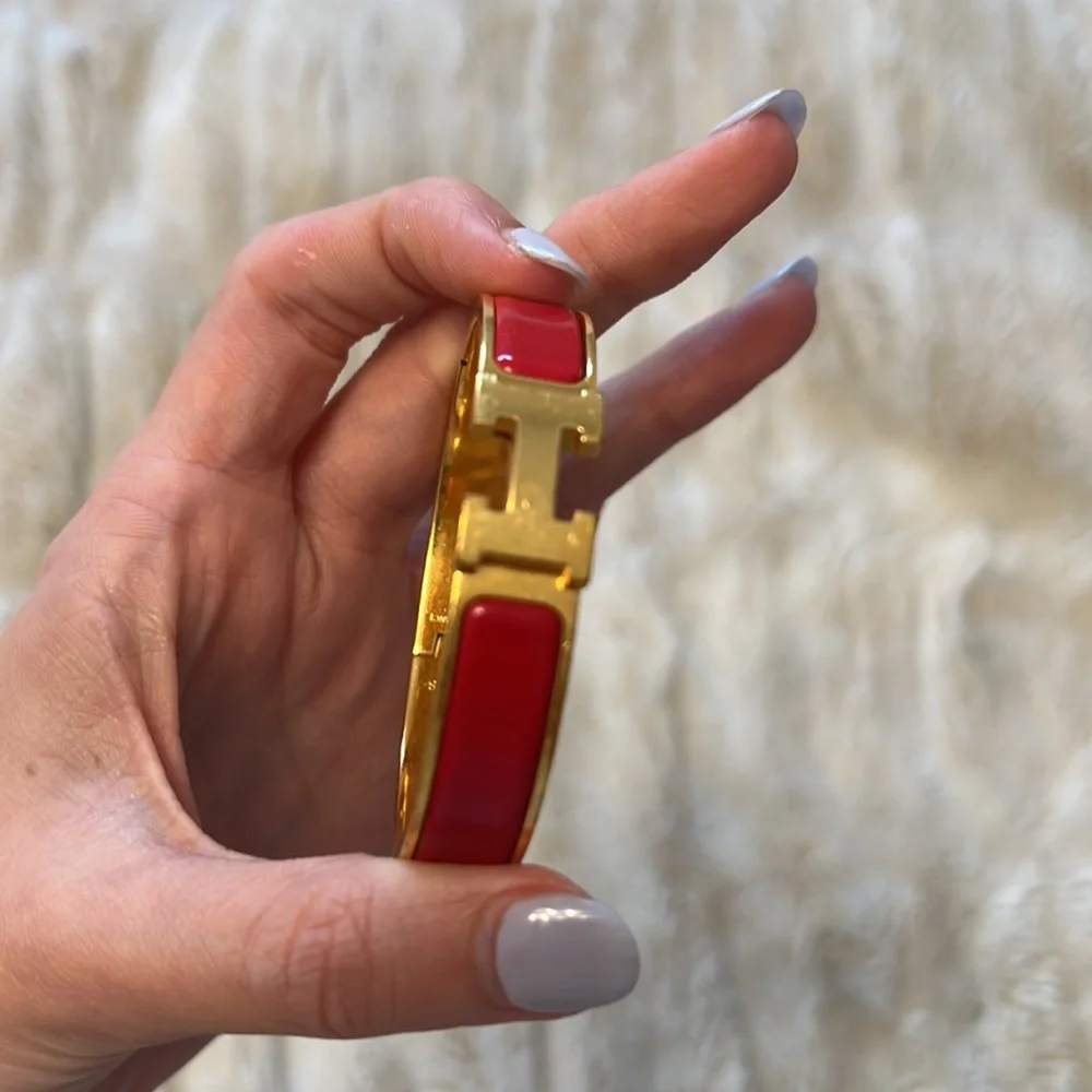Hermes red enamel & gold H bangle bracelet set with green cord bracelet